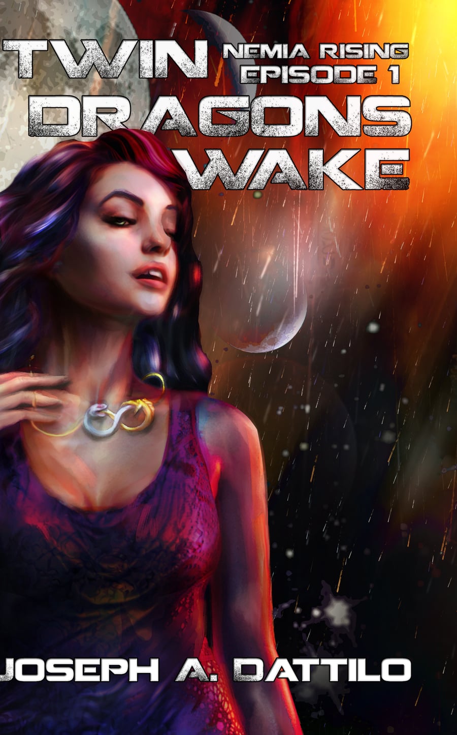 Cover art for Nemia Rising Episode 1: Twin Dragons Wake — a woman with red-streaked dark hair wearing a two-headed dragon pendant, against a stormy, planet-lit sky.