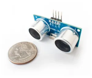 Virtuabotix ultrasonic rangefinder module next to a US quarter for scale