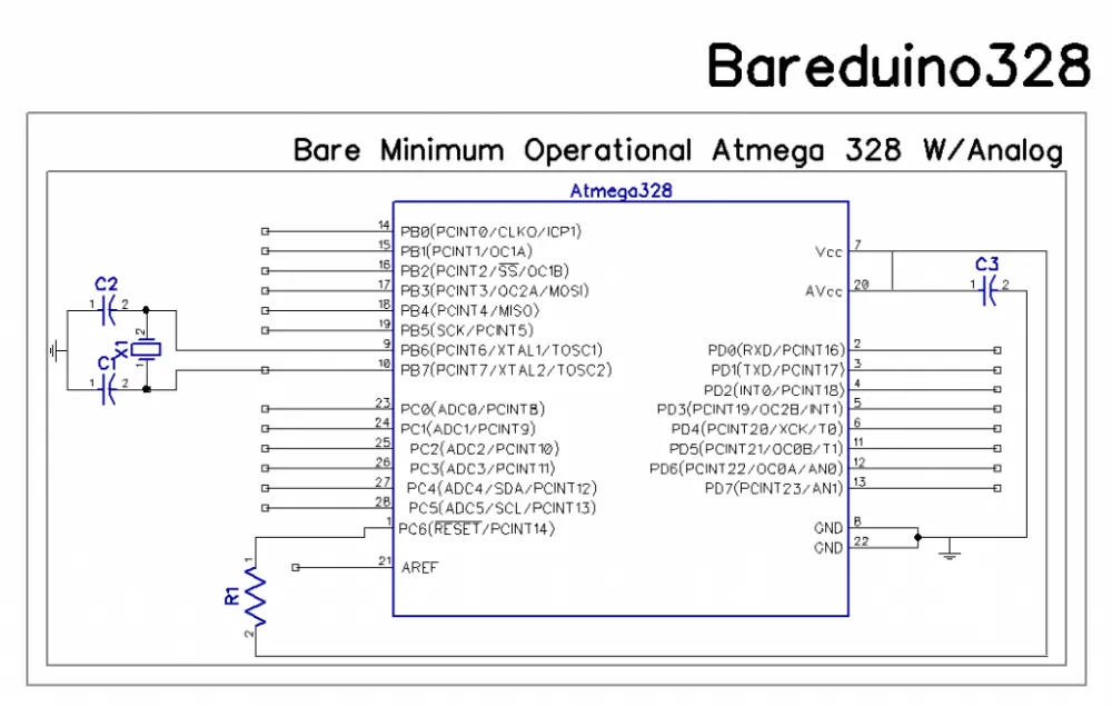 Schematic of the Bareduino328 bare-minimum ATmega328 circuit with crystal, capacitors, and pin connections