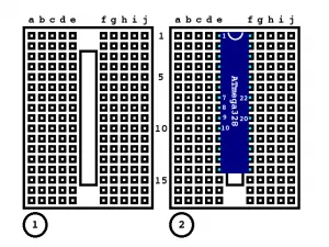 Bareduino steps 1 and 2 — breadboard diagram, by K.W. Melvin