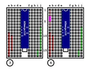 Bareduino steps 3 and 4 — breadboard diagram, by K.W. Melvin