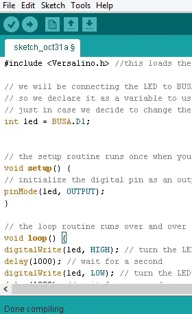 This is what the Versalino Blink sketch looks like in the Arduino IDE once you have it copied over.